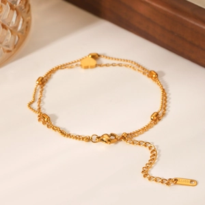 Double-layer 18K gold-plated stainless steel anklet with heart pendant and oval beads