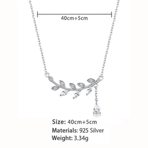 Detailed specs of S925 silver olive leaf necklace with zircon and water-drop stone