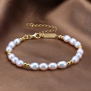 Elegant S925 sterling silver freshwater pearl bracelet with gold beads on brown silk
