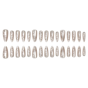 Glossy silver metallic almond press-on nails with 3D floral embossed patterns 30pcs