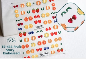 Détail d'autocollants 5D pour ongles avec motifs de fruits en relief et cerises