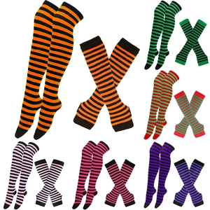 Macro detail of striped over-knee socks and arm warmer sets in diverse punk colors