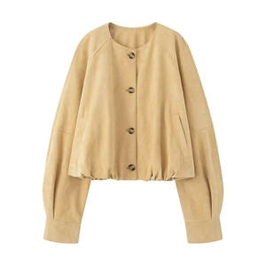 Women's minimalist short faux suede jacket in light brown with round neck and buttons