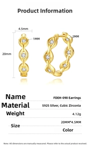 Detailed size specifications for S925 sterling silver hoop earrings with zircon