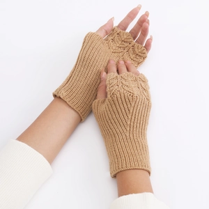 Close-up of khaki knit fingerless gloves with vintage fish scale pattern and ribbed texture