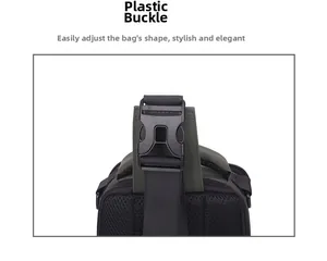 Detail view of the adjustable plastic buckle and breathable mesh back of the black chest bag
