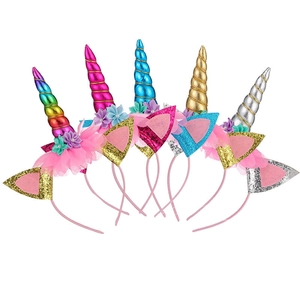Five-piece unicorn headband set with colorful sequins and flowers for kids birthday parties