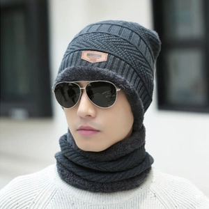 Men's winter knit hat and neck warmer set with thermal fleece lining in dark grey