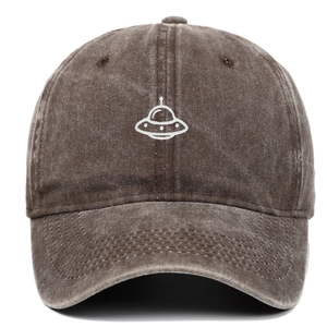 Vintage washed charcoal brown baseball cap featuring a white UFO alien embroidery