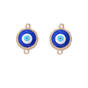 Detail showing two gold-rimmed blue evil eye enamel connectors for DIY jewelry making
