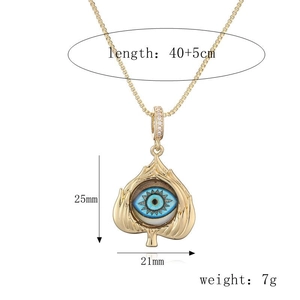 Detail of Turkish Evil Eye pendant necklace with dimensions 25mm x 21mm and 45cm chain