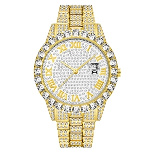 Luxury gold hip-hop watch set with full diamond encrusted bezel and Roman numerals