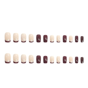 24pcs wine red gradient press-on nails with burgundy French tips and glossy finish