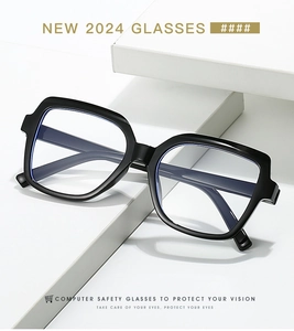 Detail of classic black thick frame eyeglasses with blue light blocking lenses and shiny hinges