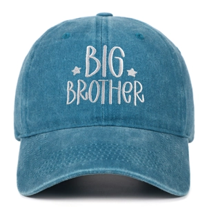 Detail of Big Brother 3D embroidery and washed denim texture on vintage baseball cap