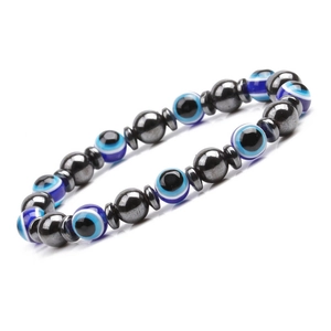 Detailed macro view of 8mm magnetic hematite beads and protective evil eye charms