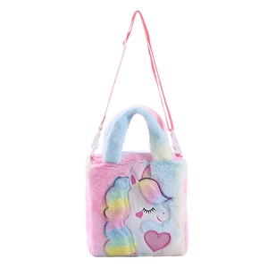 Rainbow plush unicorn handbag for girls with adjustable strap and sequin heart