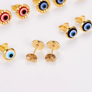 Golden stainless steel Turkish Evil Eye stud earrings with colorful enamel inlays