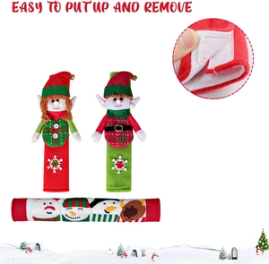 Detail of Christmas fridge handle covers with velcro closure and plush elf decorations