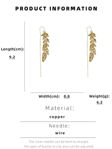 Detailed specs of gold leaf tassel earrings showing 9.2cm length and copper material