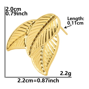 Detailed size view of gold leaf earrings with dimensions and weight in stainless steel