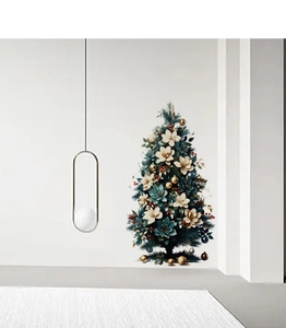 Detail of Christmas tree wall sticker with gold ornaments and red berries in modern room