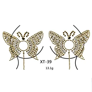 Macro shot of butterfly rhinestone chest stickers XT-39 with silver and gold crystals