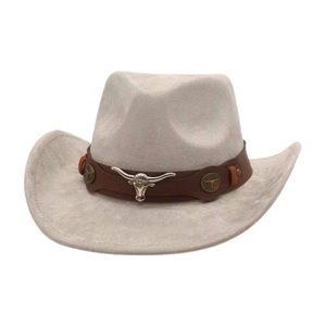 Ethnic style Western faux suede cowboy hat featuring a brown bull head leather band ornament