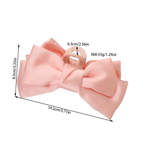 Pink satin large bow hair claw clip with dimensions 14.5cm length and 35g weight
