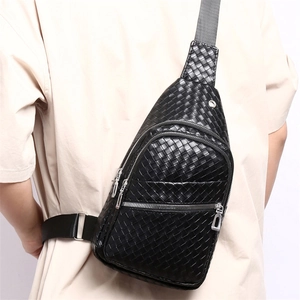 Fashionable black woven PU leather chest bag for men with adjustable shoulder strap
