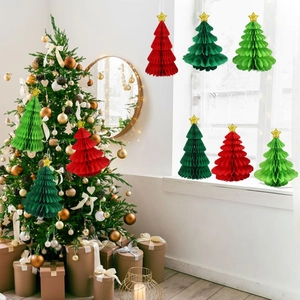Honeycomb paper Christmas tree table ornaments in red and green with golden stars