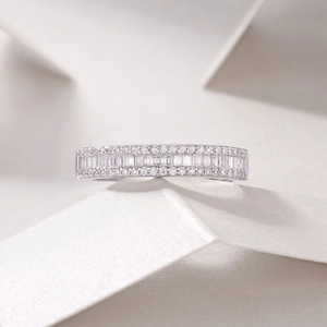 Detailed macro view of S925 silver ring featuring baguette and round cut stones