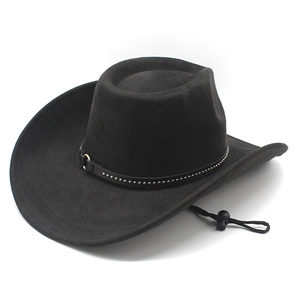 Detail of black suede cowboy hat with metallic gold beads and adjustable chin strap