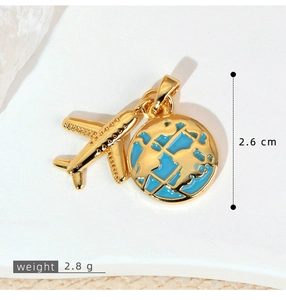 Detailed view of airplane and blue enamel globe charm with weight 2.8g and length 2.6cm