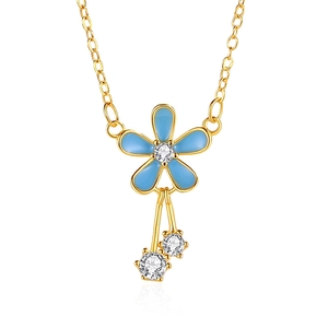 S925 Sterling Silver Flower Necklace with Blue Petals and White Zirconia Stones