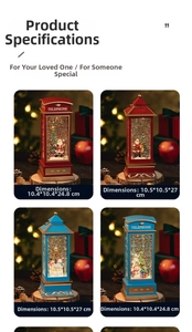 Close-up of vintage Christmas lanterns and telephone booths with swirling snow and lights
