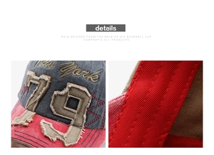 Detail view of New York 79 embroidery on washed cotton vintage baseball cap