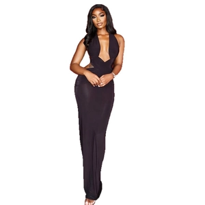 Sleek black backless maxi dress with a deep V-neck and halter style for a slim fit look