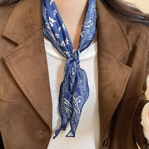 Detailed view of navy blue silk scarf necklace with elegant paisley print and satin luster