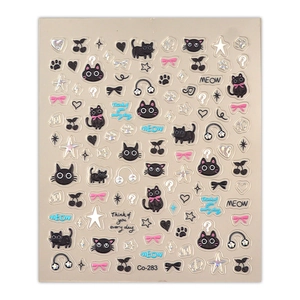 3D embossed nail art stickers with black cats, laser stars, and cute heart patterns