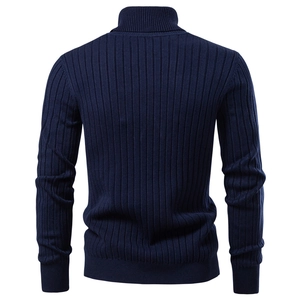 Detail view of the navy blue ribbed texture on the back of this men's turtleneck sweater