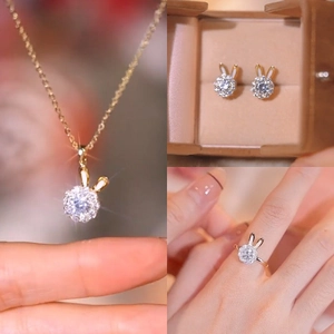 Collana Anello Orecchini Coniglio Rotante Lega Rame Con Perno Argento Sterling 925 Zirconia Scintillante Animale