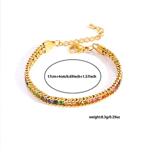 Detail of adjustable gold-plated tennis bracelet with multi-color cubic zirconia and sizing