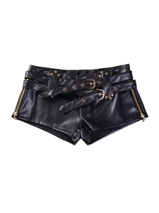Schwarze PU-Leder-Minishorts im Punk-Stil mit Doppelgürtel und seitlichen Reißverschlüssen