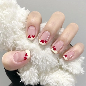 Press On Nails Red Heart French Tip Square Round Nude Pink Wearable Artificial Fake Nails For Women Daily Manicure