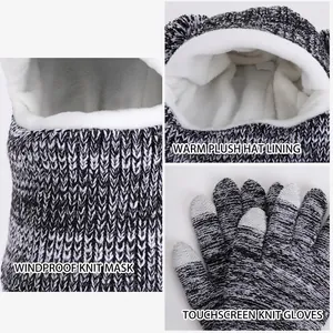 Winter kids knitted hat and touchscreen gloves set with warm fleece lining and neck cover