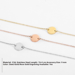 Detailed view of 316L stainless steel bracelets with 9mm round pendants in three colors