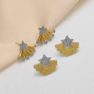 Retro two-tone fan-shaped and meteor star earrings with gold plating and zircon inlay