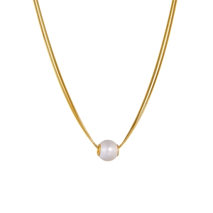 Elegant double-layered golden snake chain necklace with a large round white pearl pendant