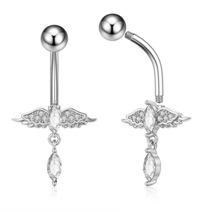 Detail of silver wing belly ring with white zircon stones and threaded screw mechanism